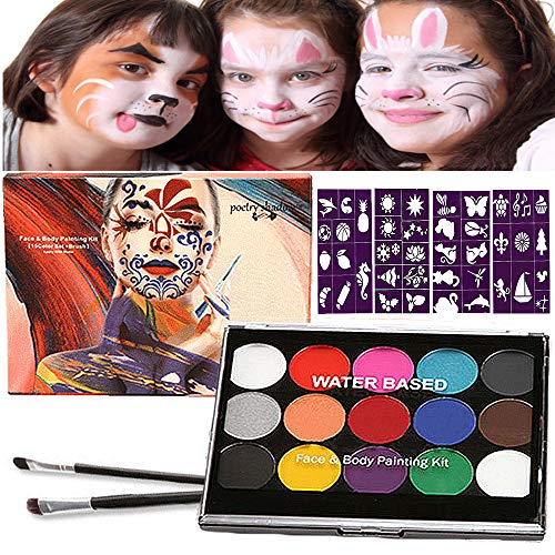 Halloween Kinderschminke Set, Face Paint Body Paint für Kinder und Erwachsene mit 15 Farben Schminkpalette, 2 Berufs Pinsel, 40 Tattoo-Vorlagen