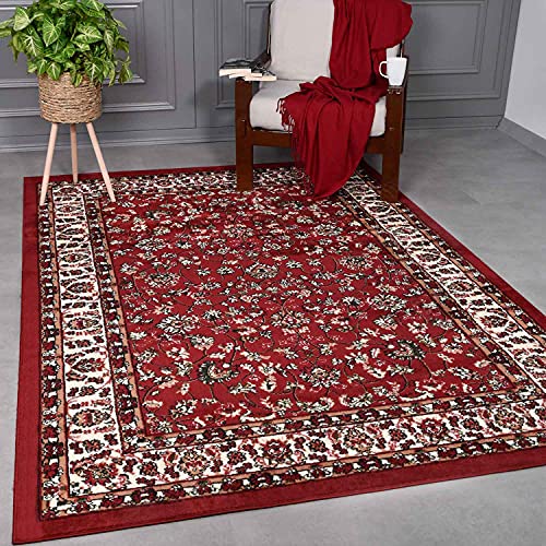 VIMODA Orient Teppich rot beige klassisch dicht gewebt mit Ornament und Blumenmotiven, Maße:40x60 cm