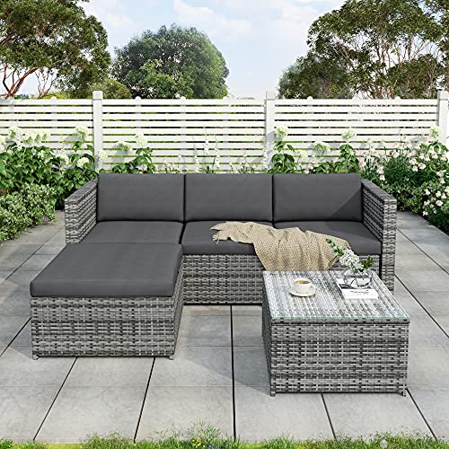 Leisure Zone Gartenmöbel Polyratten Lounge Set mit Kissens für Garten Terrasse&Balkon 5 Teilig Sitzgruppe für 3-4 Personen Grau