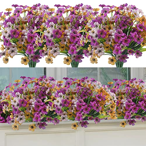 ALAGIRLS 12 Stück Kunstblumen für Außen, UV-Beständige Künstliche Blumen Wetterfest, Plastik Blumenstrauß Blumen Arrangement, Garten Hochzeit Party Fenster Dekoration, gelb weiß lila