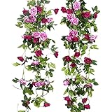 JUSTOYOU 2pcs 7.8FT zweifarbige künstliche gefälschte Rosengirlande Wein hängen Seide Blume künstliche Blume für Außen- und Innenhochzeit Wand schlechte Dekoration (Magenta)