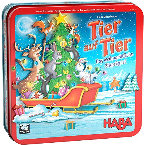 HABA 305525 - Tier auf Tier – Das weihnachtliche Stapelspiel, Geschicklichkeitsspiel für 2-4 Spieler ab 4 Jahren, das beliebte HABA Spiel mit weihnachtlichen Motiven