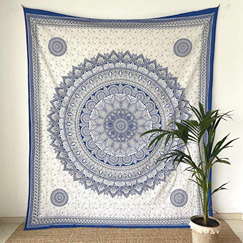 momomus Mandala Wandteppich - als Strandtuch/Pareo tuch groß, Tagesdecke - Aesthetic, Modern, Vielseitig - 100% Baumwolle (Blau 1, 210x230 cm)