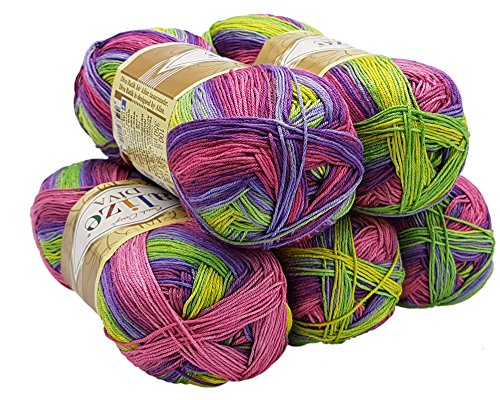 5 x 100 Gramm Alize Diva Batik Wolle mehrfarbig mit Farbverlauf, 500 Gramm merzerisierte Strickwolle Microfiber-Acryl (pink beere grün gelb 3241)