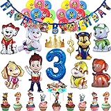 57 Stück 3. Kinder Cartoon Hund Geburtstag Party Deko Set Happy Birthday Banner, 9 Großer Folienballons, 20 Latex Ballons, Tortendeko, Kerzen, Geburtstags Mützen (Zahl 3)