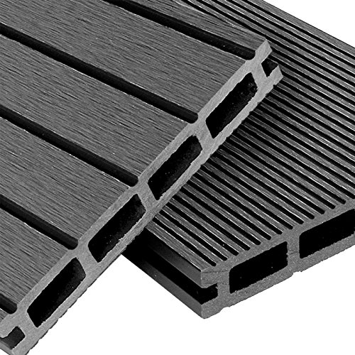 WPC Terrassendielen Basic Line - Komplett-Set hellgrau | 12m² (4m x 3m) Holz-Brett Dielen | Boden-Fliesen + Unterkonstruktion & Clips | Balkon Boden-Belag + rutschfest + witterungsbeständig