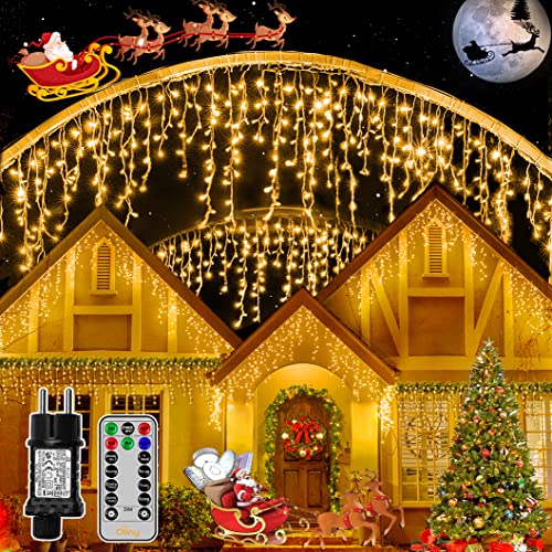 Ollny Weihnachtsbeleuchtung Außen, Eisregen Lichterkette Außen 10m 396LEDs 66Saiten, Lichtervorhang mit Fernbedienung & Timer Strom 8 Modi für Weihnachten, Silvester, Balkon - Lichterkette Warmweiß