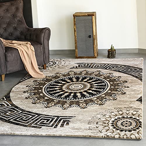 VIMODA Teppich Wohnzimmer Klassisch Kurzflor Orient Design Vintage Mandala Muster Dunkelbraun Braun Beige, Maße:160 x 230 cm