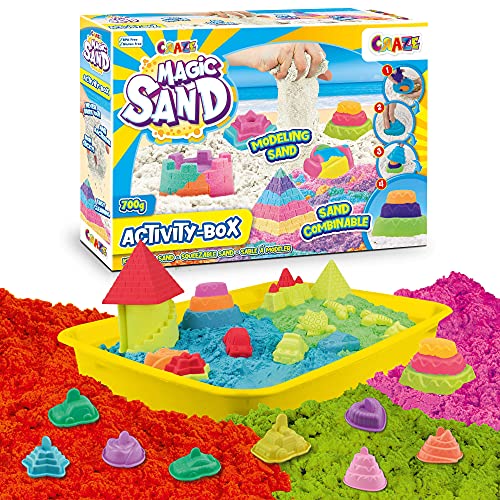 CRAZE Magic Sand Activity Box Kinetischer Sand Koffer 700g Bastelset Kinder bunter Zaubersand BPA-und glutenfrei frei Knetbarer magischer Sand mit Zubehör 32343