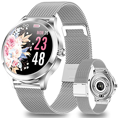 ANMI Smartwatch Damen Silber, IP68 Wasserdicht Fitness Tracker Smart Watch Damen,mit Weibliches Zyklusmanagement Pulsuhr Blutdruckmessgerät Schlafmonitor Damen Armbanduhr für Android iOS(Silber)