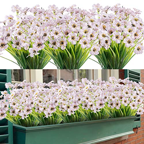 Künstliche Blumen 16 Bündel im Freien UV-beständig gefälschte Blumen kein Verblassen Faux Kunststoff Greenery Sträucher Garten Veranda Fenster Box dekorieren (Weiß)
