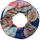 styleBREAKER Feinstrick Loop Schlauchschal mit Ethno Punkte African Style Muster, Schal, Damen 01017042, Farbe:Rot-Blau