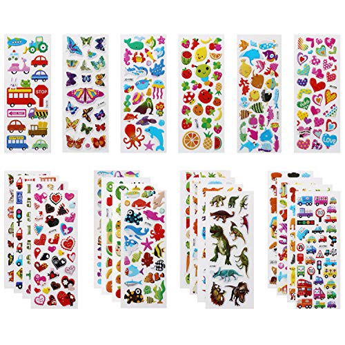 Vicloon 3D Aufkleber für Kinder, 22 Verschiedene 3D Stickers 520+ Geschwollene Aufkleber Einschließlich Tiere, Dinosaurier, Autos, Zahlen, Früchte, Flugzeug und Mehr