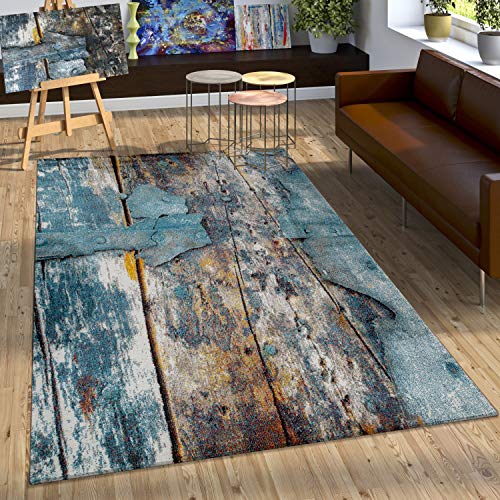 Paco Home Designer Teppich Bunte Holz Optik Hoch Tief Optik In Türkis Gelb Blau Meliert, Grösse:80x150 cm