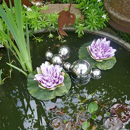 Miniteich Komplettset mit 2 künstlichen Seerosen lila Schwimmkugeln - Teichkugeln in Silber