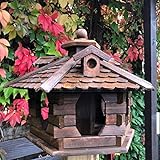 DARLUX Sechseck Vogelhaus aus Holz Futterstelle mit und ohne Ständer handgefertigt (L ohne Ständer, Dunkelbraun)