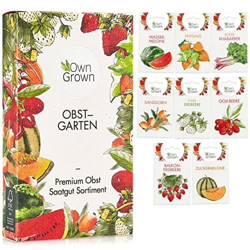Obst Samen Set: Premium Garten Obst Saatgut mit 8 Sorten Obst Pflanzen für Garten und Balkon – Wassermelone Samen, Erdbeeren Samen, Andenbeere, Rhabarber uvm. – Obstsamen Geschenk Set von OwnGrown
