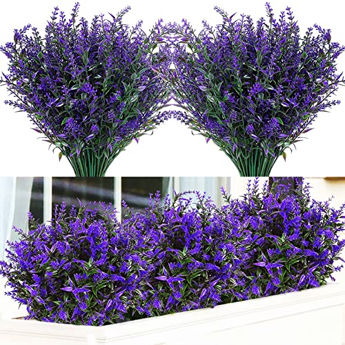12 Bündel Künstliche Blumen Outdoor, Künstliche Kunstblumen UV-beständige Sträucher Pflanzen zum Aufhängen Pflanzer Zuhause Hochzeit Veranda Fenster Gartendekor (Violett)