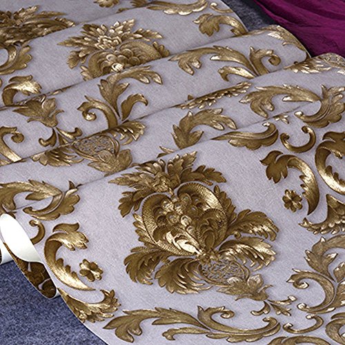 Kaluori Damast-Tapete, 10 m x 0,5 m, luxuriös, Metallic-Gold und Cremefarben, mit Textur, für Wohnzimmer, Schlafzimmer, Bars