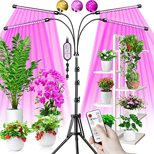 EWEIMA Pflanzenlampe LED, Pflanzenlicht Vollspektrum mit Ständer, 4 Kopf 80 LEDs Pflanzenleuchte mit Zeitschaltuhr, 3 Farbmodi und 10 Stufen Dimmbar, Wachstumslampe für Pflanzen, Zimmerpflanzen