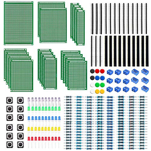 WayinTop Doppelseitig PCB Board 6 Größen mit Elektronik Komponenten Kit, 2,54mm Stiftleiste + 2/3 Pin Screw Terminal Block + Widerstände Sortiment 10-1M Ohm+ 5mm Led Dioden + Tactile Tastschalter