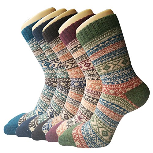 5 Paar Damen Winter Wollesocken, atmungsaktive weiche dicke Socken - bunte Farbe Premium Qualität klimaregulierende Wirkung,Einheitsgröße,A6