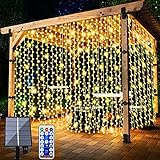 FANSIR Solar Lichtervorhang Aussen, 3 X 3m 300 LED Lichterketten Vorhang 8 Modi Fernbedienung Wasserdicht Solar Lichterketten Aussen für Gartendeko Balkon Hochzeit Weihnachten Innen (Warmweiß)