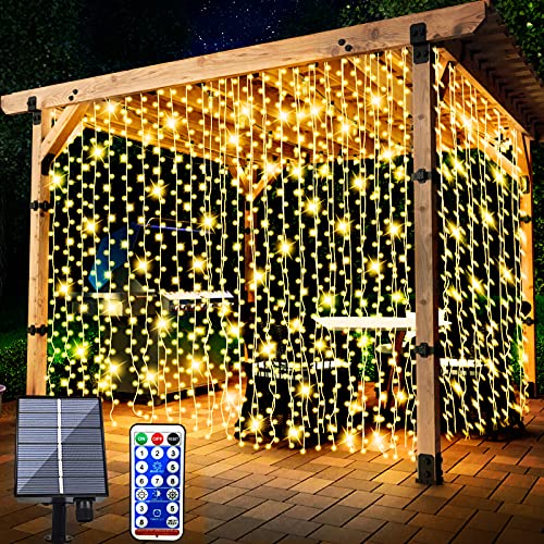 FANSIR Solar Lichtervorhang Aussen, 3 X 3m 300 LED Lichterketten Vorhang 8 Modi Fernbedienung Wasserdicht Solar Lichterketten Aussen für Gartendeko Balkon Hochzeit Weihnachten Innen (Warmweiß)
