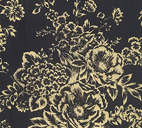 Architects Paper Textiltapete Metallic Silk Tapete mit Blumen floral 10,05 m x 0,53 m metallic schwarz Made in Germany 306577 30657-7
