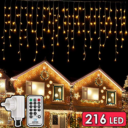 216 LED Lichterkette, 5.5M Eiszapfen Lichter mit EU stecker, 8 Leuchtmodi Dimmbar, Eisregen Lichtervorhang mit Remote Timer, Außen Innen Deko für Weihnachten Garten Party Hochzeit Winter (Warmweiß)
