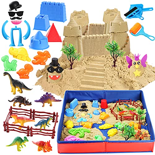 Tacobear Kinetic Sand Magic Sand Kinder Spielsand Set mit 3lbs Kinetischer Sand Faltbarer Sandkasten Dinosaurier Sandförmchen Werkzeuge Sandspielzeug Geschenk für Jungen Mädchen 3+ Jahre Alt