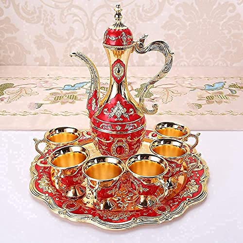 Türkisches Vintage-Kaffeekannen-Set aus Metall, türkisches Teeservice mit 6 luxuriösen Kaffeetassen und handgefertigtem Teetablett, Teekanne zum Servieren von Tee, Kaffee, Gold-Silber-Verzierung(rot)