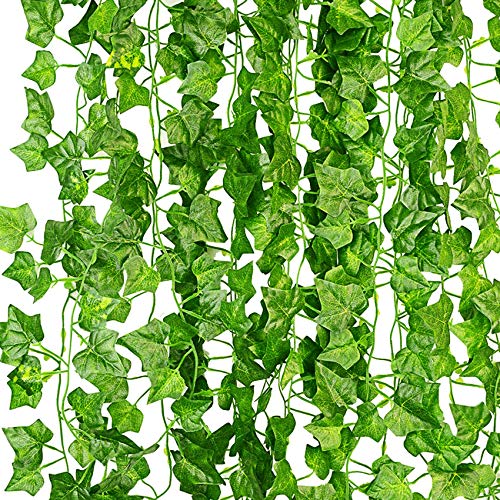 KASZOO Efeu Künstlich Girlande, 12 Stück Grün Efeu mit Nylon Kabelbinder Pflanzen Efeuranke für Garten Hochzeit Party Wanddekoration
