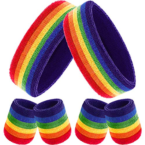 Bememo 6 Stück Gestreifte Schweißbänder Set, Enthält 2 Stück Sport Stirnband und 4 Stück Armbänder Schweißbänder Bunte Baumwolle Gestreiften Schweißband Set für Männer und Damen (Regenbogen Farbe)