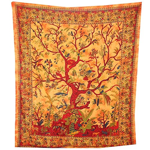 Tagesdecke Lebensbaum orange 230x205cm bunte Vögel Blumen indische Decke Baumwolle Tie Dye Style