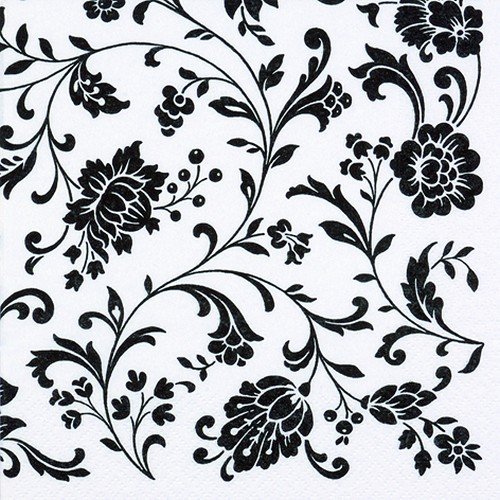 20 Servietten Blumenranken weiß-schwarz/Blumen/Ornamente 33x33cm