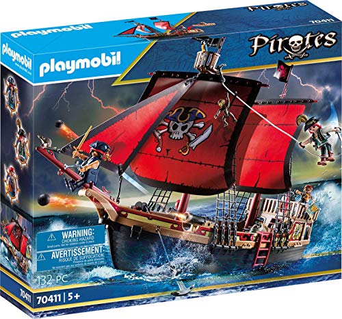 PLAYMOBIL Pirates 70411 Totenkopf-Kampfschiff mit Piraten, funktionstüchtigen Geschossen und vielen Zubehörteilen, schwimmfähig, Ab 5 Jahren [Exklusiv bei Amazon]