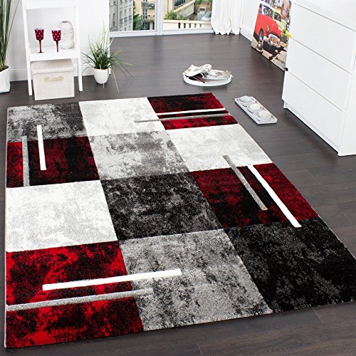 Designer Teppich Modern mit Konturenschnitt Karo Muster Grau Schwarz Rot, Grösse:160x230 cm