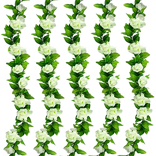 ADORAMOUR Künstliche Blumen Girlande für Zimmer Deko, Aesthetic Fake Rosen für Wand Wohnzimmer Schlafzimmer Balkon Garten Party Hochzeit Innen Außen-5 Stück, Weiß