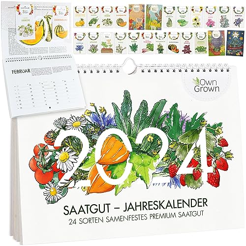 Saatgut Kalender 2024 Wandkalender A4: Garten Wandkalender 2024 – Monatskalender mit 24 Sorten Gemüse Samen, Kräuter, Obst, Blumen – OwnGrown Jahreskalender 2024
