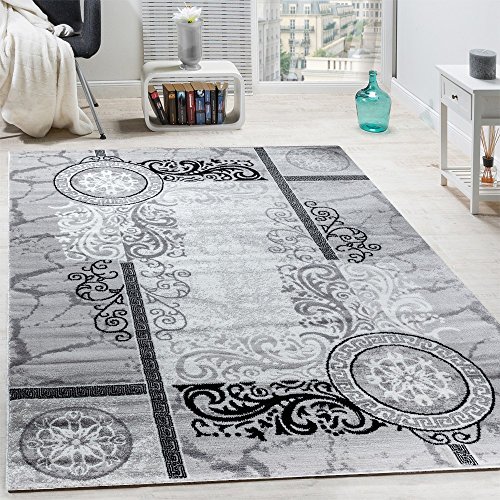 Paco Home Designer Teppich Modern Meliert Floral mit Mäander Muster Kreise Grau Schwarz, Grösse:120x170 cm