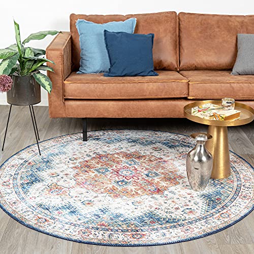FRAAI Teppich Vintage Rund - Azara Hellblau - Ø 120cm - Baumwolle, Polyester - Flachgewebe - Vintage - Klassik, Orientalisch - Wohnzimmer, Esszimmer, Schlafzimmer - Carpet