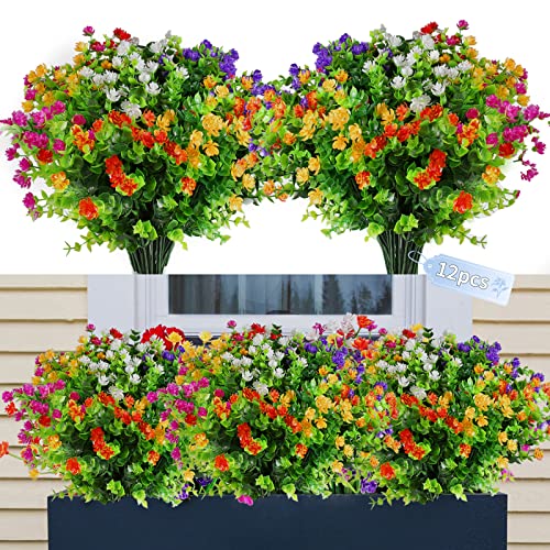 Sequpr 12 Stück Kunstblumen, Künstliche Blumen wie echt, Künstliche Pflanzen Außenbereich, Fake Blumen, Dekor Plastik Blumen für Balkon Garten Topf Tisch Außen Innen 6 Farben