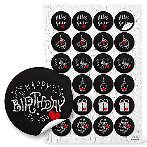 24 runde schwarz weiße Kreidetafel Aufkleber zum Geburtstag mit Herz rot Geschenk ALLES GUTE HAPPY BIRTHDAY Geschenkaufkleber Verpackung Verzierung Sticker Kinder Deko