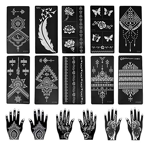 16 Stück Henna Tattoo Schablonen Kit, wiederverwendbare indische arabische Mehndi temporäre Tattoo Vorlage Kit für Finger Hand Arme Körper DIY Kunst Farbe