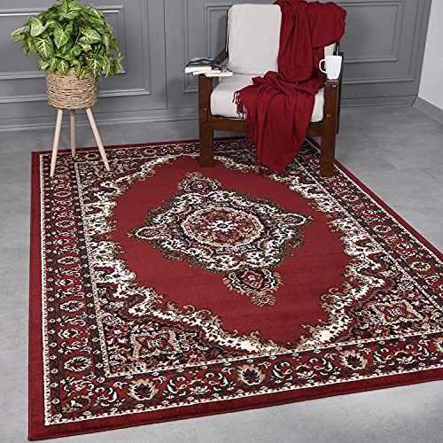 VIMODA Klassisch Orient Teppich dicht gewebt Wohnzimmer Rot Beige, Maße:40x60 cm